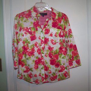 Jones New York Blouse Top Rose Floral Pink PM